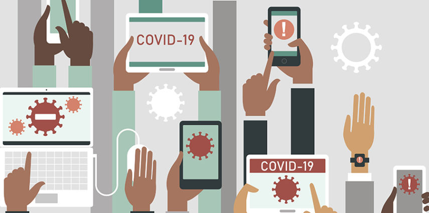 COVID-19  2019-nCoV concept. Human hands holding various smart devices with coronavirus alerts on their screens. flat vector illustration