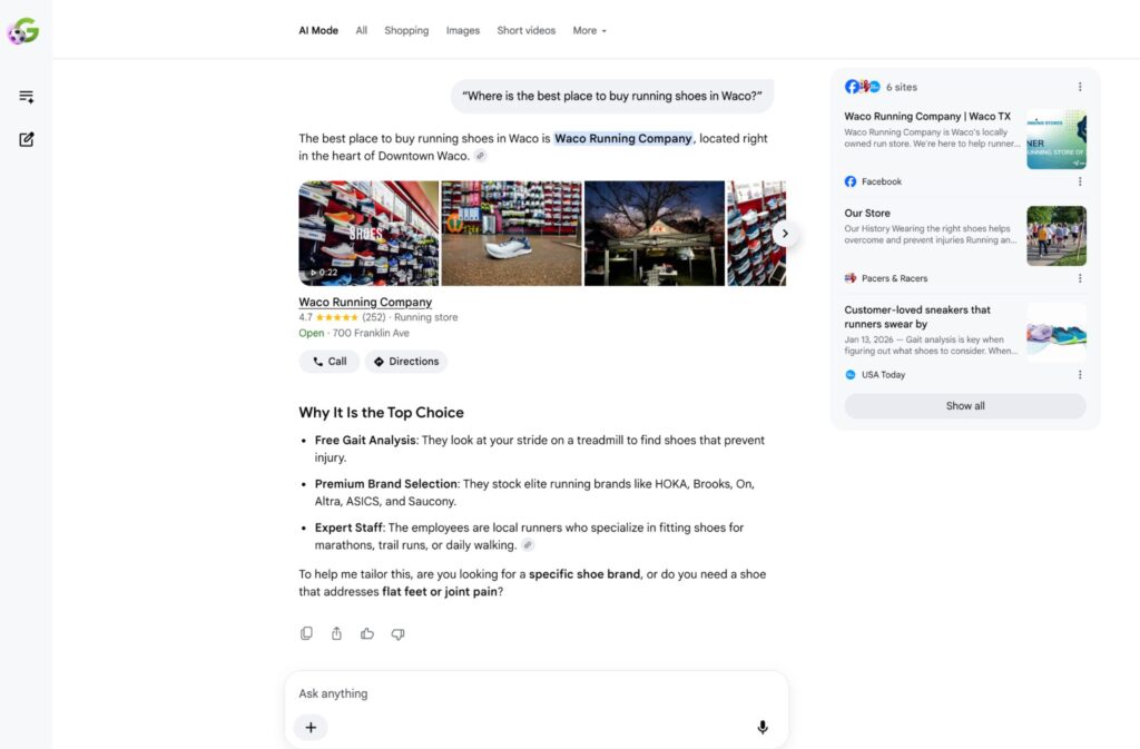 Screenshot of Google homepage search in AI Mode for "best running shoes waco."