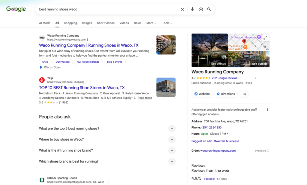 Screenshot of Google homepage search for "best running shoes waco."